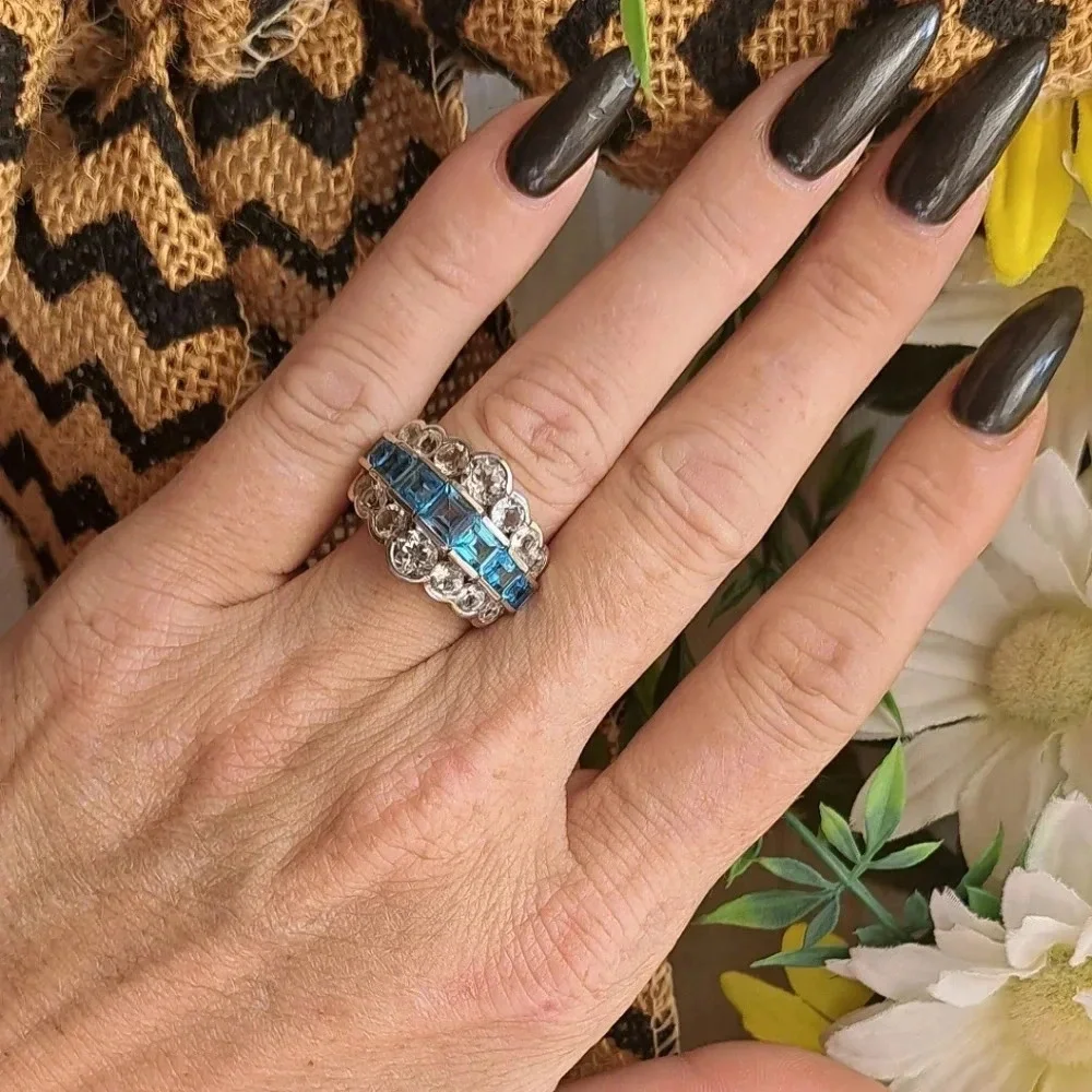 Natural Swiss Blue Topaz & White Topaz Art Deco Style Ring.
